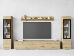 Conjunto moderno de móveis de sala 4 peças – móvel de TV 180 cm, 2 vitrinas e prateleira – estante de parede carvalho Artisan mate, de pé ou suspensa^ Móvel De Tv