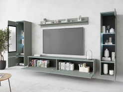 Móvel De Tv* Conjunto moderno de móveis de sala 4 peças – móvel de TV 180 cm, 2 vitrinas e prateleira – estante de parede verde nevoeiro mate, de pé ou suspensa Verde claro
