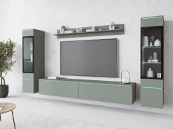Móvel De Tv* Conjunto moderno de móveis de sala 4 peças – móvel de TV 180 cm, 2 vitrinas e prateleira – estante de parede verde nevoeiro mate, de pé ou suspensa Verde claro