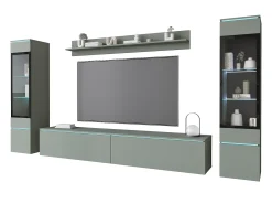 Móvel De Tv* Conjunto moderno de móveis de sala 4 peças – móvel de TV 180 cm, 2 vitrinas e prateleira – estante de parede verde nevoeiro mate, de pé ou suspensa Verde claro