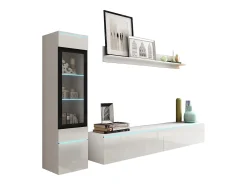 Conjunto moderno de móveis de sala 3 peças – móvel de TV 180 cm, vitrina e prateleira, corpo mate, frentes brilho, de pé ou suspenso^ Móvel De Tv