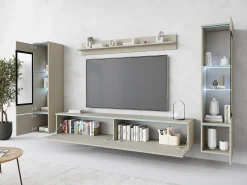 Discount Conjunto moderno de móveis de sala 4 peças – móvel de TV 180 cm, 2 vitrinas e prateleira – estante de parede caxemira mate, de pé ou suspensa Bege