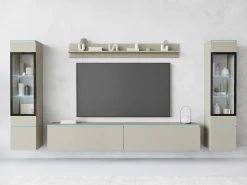 Discount Conjunto moderno de móveis de sala 4 peças – móvel de TV 180 cm, 2 vitrinas e prateleira – estante de parede caxemira mate, de pé ou suspensa Bege