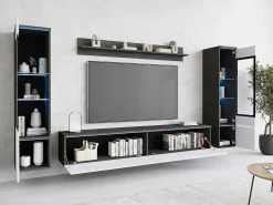 Móvel De Tv* Conjunto moderno de móveis de sala 4 peças, móvel de TV 180 cm, 2 vitrinas e prateleira, corpo matera mate, frentes branco brilho, de pé ou suspenso Cinza antracite