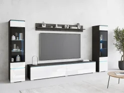 Móvel De Tv* Conjunto moderno de móveis de sala 4 peças, móvel de TV 180 cm, 2 vitrinas e prateleira, corpo matera mate, frentes branco brilho, de pé ou suspenso Cinza antracite
