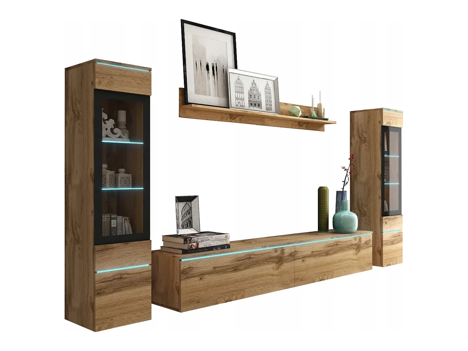 Conjunto moderno de móveis de sala 4 peças – móvel de TV 180 cm, 2 vitrinas e prateleira – estante de parede carvalho Wotan mate, de pé ou suspensa^ Móvel De Tv