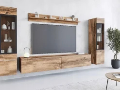 Conjunto moderno de móveis de sala 4 peças – móvel de TV 180 cm, 2 vitrinas e prateleira – estante de parede carvalho Wotan mate, de pé ou suspensa^ Móvel De Tv