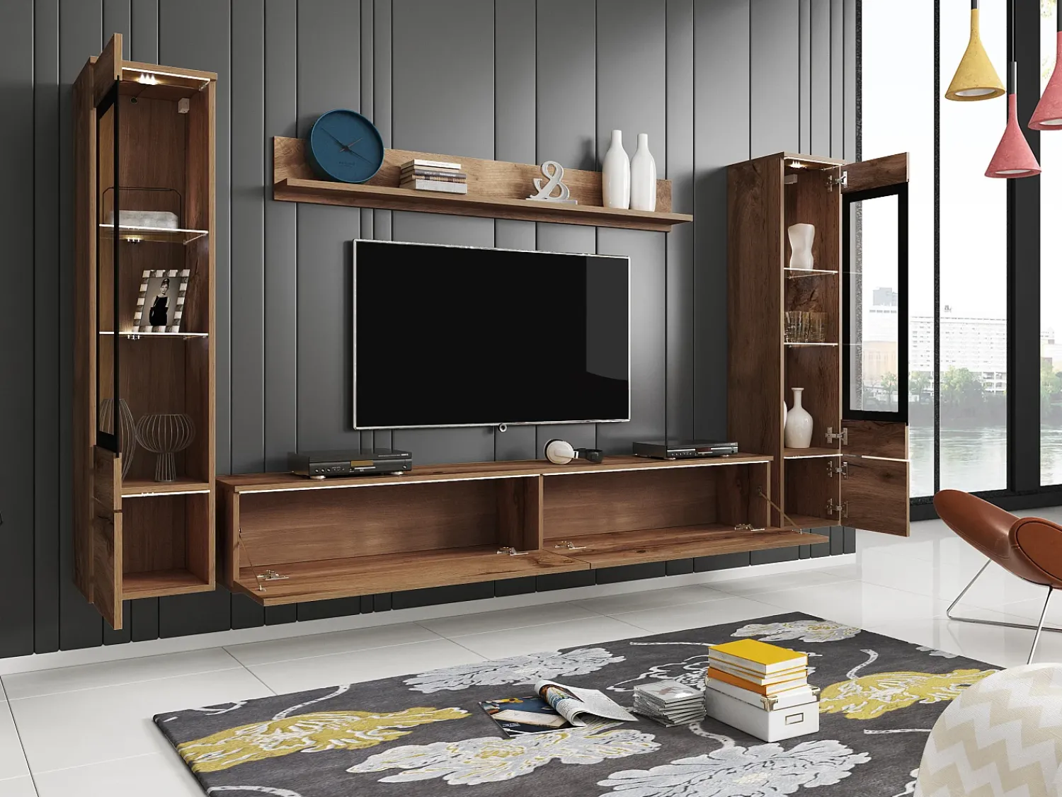 Conjunto moderno de móveis de sala 4 peças – móvel de TV 180 cm, 2 vitrinas e prateleira – estante de parede carvalho Wotan mate, de pé ou suspensa^ Móvel De Tv