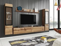 Conjunto moderno de móveis de sala 4 peças – móvel de TV 180 cm, 2 vitrinas e prateleira – estante de parede carvalho Wotan mate, de pé ou suspensa^ Móvel De Tv