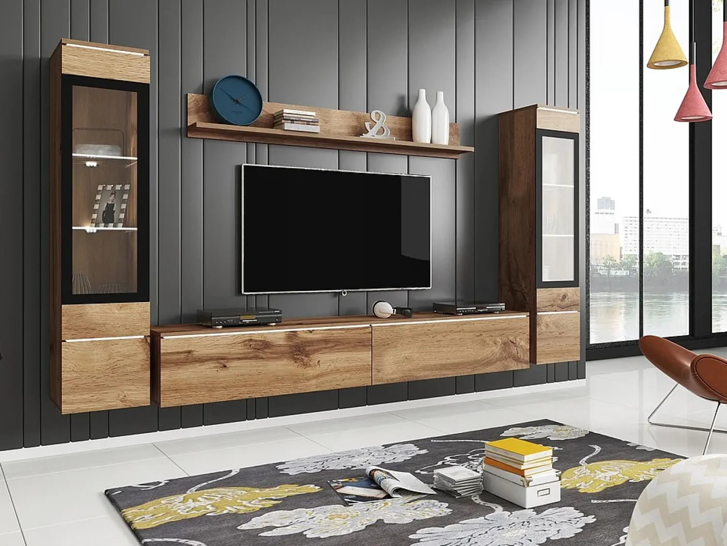 Conjunto moderno de móveis de sala 4 peças – móvel de TV 180 cm, 2 vitrinas e prateleira – estante de parede carvalho Wotan mate, de pé ou suspensa^ Móvel De Tv