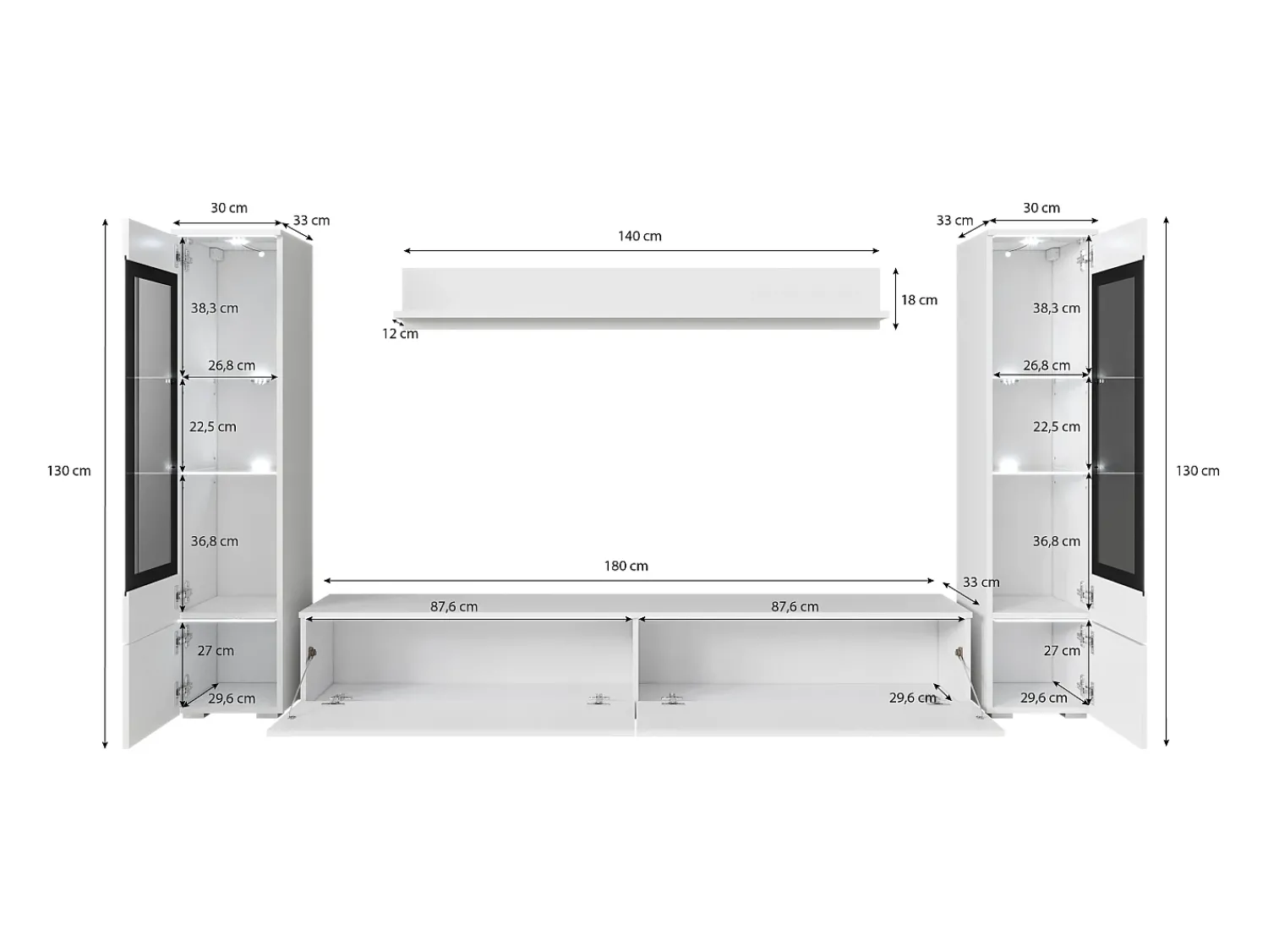 Conjunto moderno de móveis de sala 4 peças – móvel de TV 180 cm, 2 vitrinas e prateleira – estante de parede carvalho Wotan mate, de pé ou suspensa^ Móvel De Tv