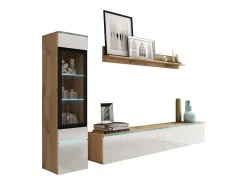 Móvel De Tv| Conjunto moderno de móveis de sala 3 peças – móvel de TV 180 cm, vitrina e prateleira, corpo carvalho Wotan mate, frentes branco brilho, de pé ou suspenso Natural escuro