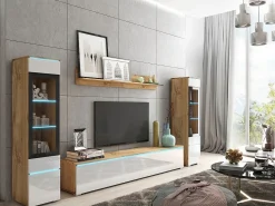 Outlet Conjunto moderno de móveis de sala 4 peças, móvel de TV 180 cm, 2 vitrinas e prateleira, corpo carvalho Wotan mate, frentes branco brilho, de pé ou suspenso Natural escuro