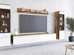 Outlet Conjunto moderno de móveis de sala 4 peças, móvel de TV 180 cm, 2 vitrinas e prateleira, corpo carvalho Wotan mate, frentes branco brilho, de pé ou suspenso Natural escuro