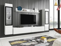 Móvel De Tv| Conjunto moderno de móveis de sala 4 peças, móvel de TV 180 cm, 2 vitrinas e prateleira, corpo mate, frentes brilho, de pé ou suspenso Branco