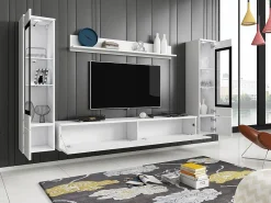 Móvel De Tv| Conjunto moderno de móveis de sala 4 peças, móvel de TV 180 cm, 2 vitrinas e prateleira, corpo mate, frentes brilho, de pé ou suspenso Branco