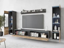 Móvel De Tv| Conjunto moderno de móveis de sala 4 peças móvel de TV 180 cm, 2 vitrinas e prateleira estante de parede mate, corpo matera, frentes castanheiro, de pé ou suspensa Multicor