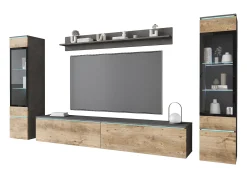 Móvel De Tv| Conjunto moderno de móveis de sala 4 peças móvel de TV 180 cm, 2 vitrinas e prateleira estante de parede mate, corpo matera, frentes castanheiro, de pé ou suspensa Multicor