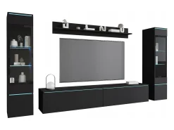 Móvel De Tv| Conjunto moderno de móveis de sala 4 peças – móvel de TV 180 cm, 2 vitrinas e prateleira – estante de parede grafite mate, de pé ou suspensa Preto