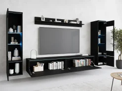 Móvel De Tv| Conjunto moderno de móveis de sala 4 peças – móvel de TV 180 cm, 2 vitrinas e prateleira – estante de parede grafite mate, de pé ou suspensa Preto