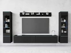 Móvel De Tv| Conjunto moderno de móveis de sala 4 peças – móvel de TV 180 cm, 2 vitrinas e prateleira – estante de parede grafite mate, de pé ou suspensa Preto