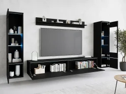 Móvel De Tv| Conjunto moderno de móveis de sala 4 peças – móvel de TV 180 cm, 2 vitrinas e prateleira – estante de parede grafite mate, de pé ou suspensa Preto