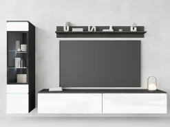Conjunto moderno de móveis de sala 3 peças – móvel de TV 180 cm, vitrina e prateleira, corpo matera mate, frentes branco brilho, de pé ou suspenso Cinza antracite