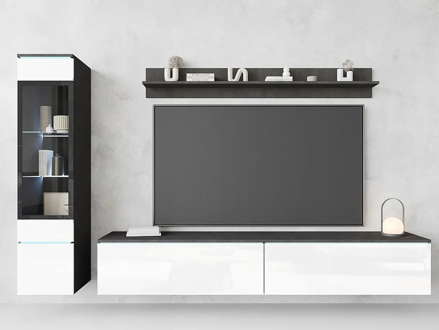 Conjunto moderno de móveis de sala 3 peças – móvel de TV 180 cm, vitrina e prateleira, corpo matera mate, frentes branco brilho, de pé ou suspenso Cinza antracite