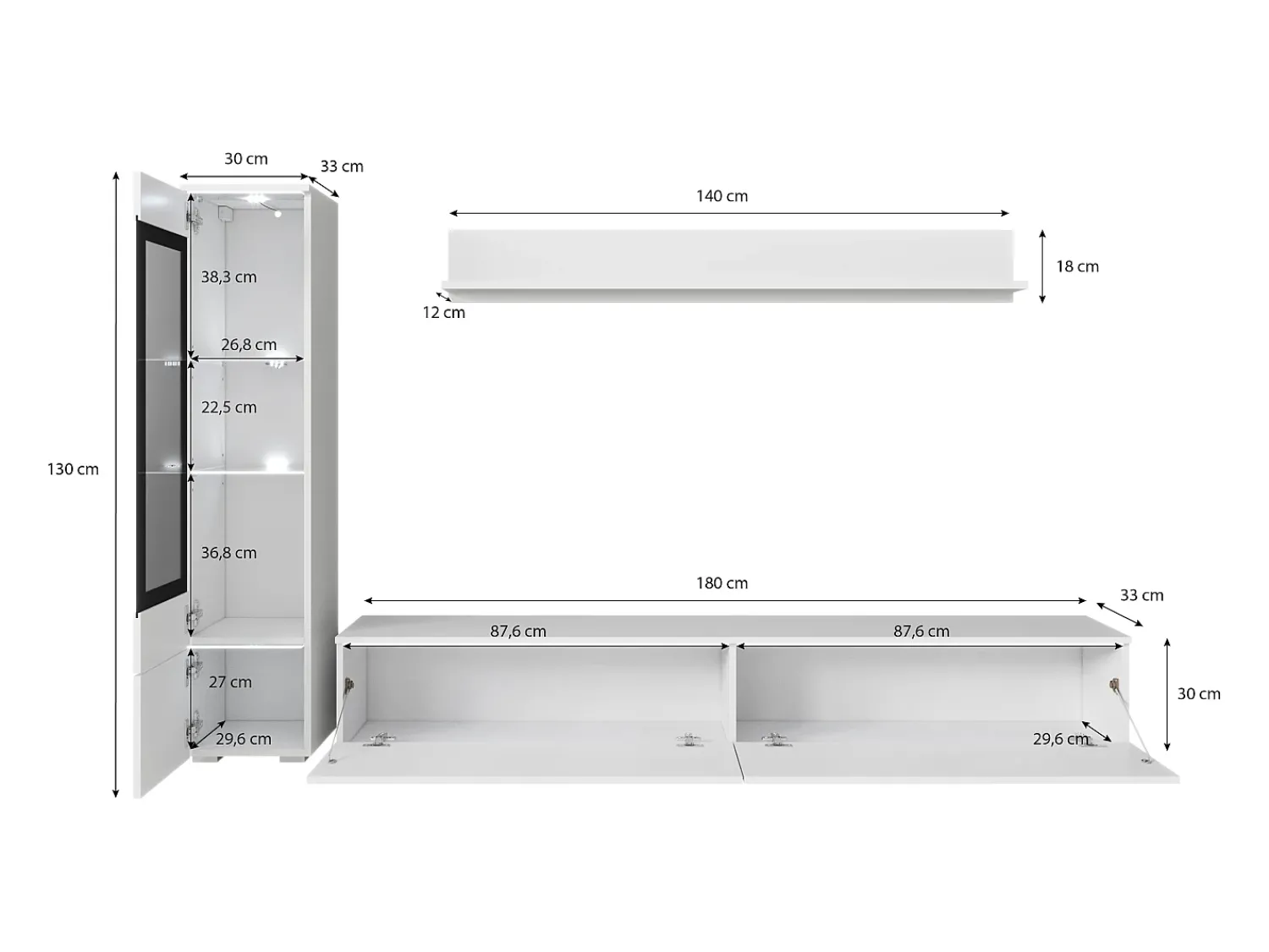 Conjunto moderno de móveis de sala 3 peças – móvel de TV 180 cm, vitrina e prateleira, corpo matera mate, frentes branco brilho, de pé ou suspenso Cinza antracite
