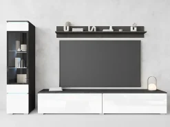 Conjunto moderno de móveis de sala 3 peças – móvel de TV 180 cm, vitrina e prateleira, corpo matera mate, frentes branco brilho, de pé ou suspenso Cinza antracite