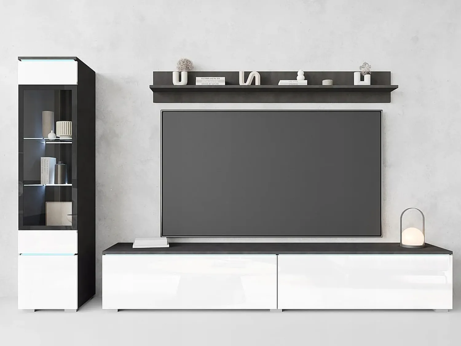 Conjunto moderno de móveis de sala 3 peças – móvel de TV 180 cm, vitrina e prateleira, corpo matera mate, frentes branco brilho, de pé ou suspenso Cinza antracite