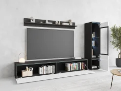 Conjunto moderno de móveis de sala 3 peças – móvel de TV 180 cm, vitrina e prateleira, corpo matera mate, frentes branco brilho, de pé ou suspenso Cinza antracite