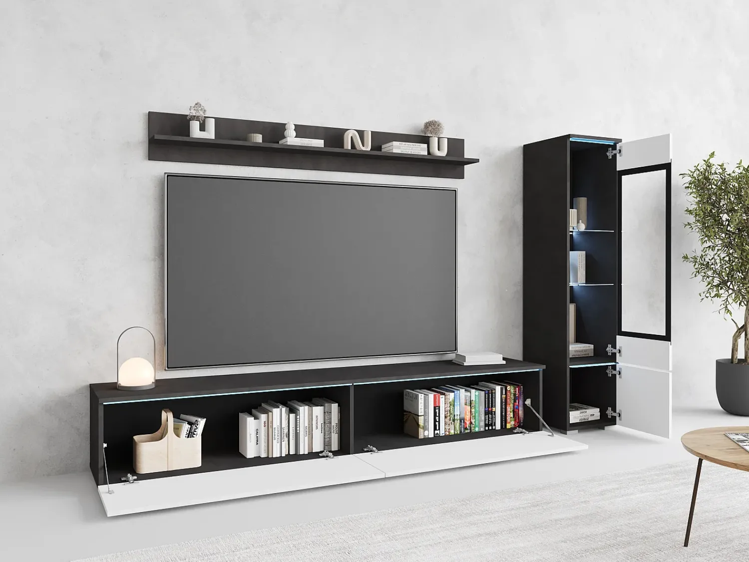 Conjunto moderno de móveis de sala 3 peças – móvel de TV 180 cm, vitrina e prateleira, corpo matera mate, frentes branco brilho, de pé ou suspenso Cinza antracite