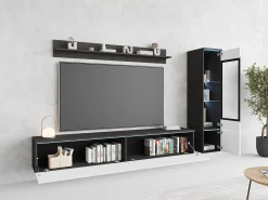 Conjunto moderno de móveis de sala 3 peças – móvel de TV 180 cm, vitrina e prateleira, corpo matera mate, frentes branco brilho, de pé ou suspenso Cinza antracite