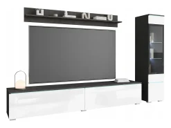 Conjunto moderno de móveis de sala 3 peças – móvel de TV 180 cm, vitrina e prateleira, corpo matera mate, frentes branco brilho, de pé ou suspenso Cinza antracite
