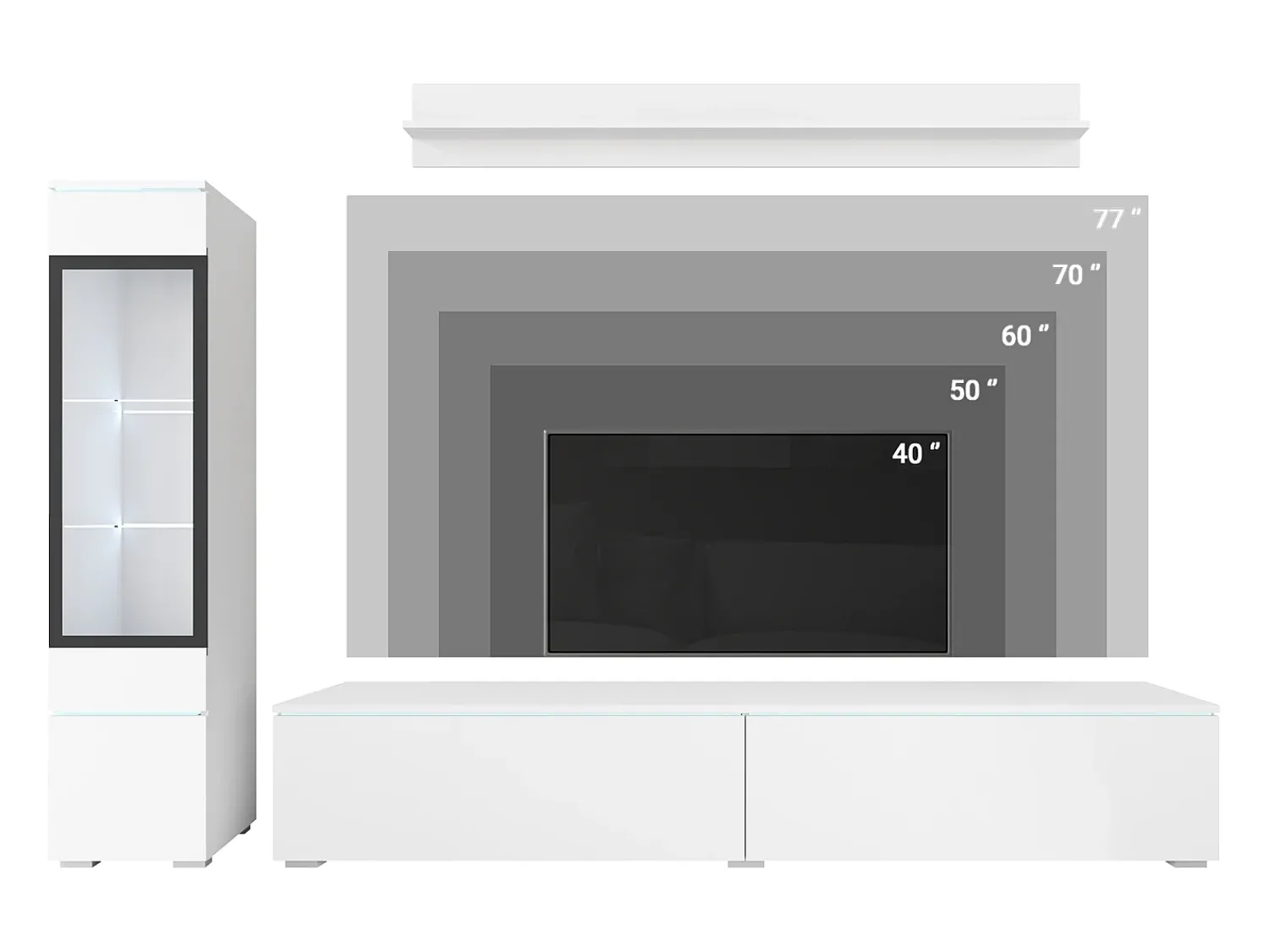 Conjunto moderno de móveis de sala 3 peças – móvel de TV 180 cm, vitrina e prateleira, corpo matera mate, frentes branco brilho, de pé ou suspenso Cinza antracite