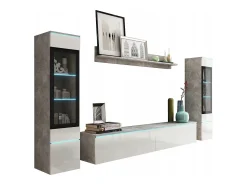 Sale Conjunto moderno de móveis de sala 4 peças, móvel de TV 180 cm, 2 vitrinas e prateleira, corpo betão mate, frentes branco brilho, de pé ou suspenso Cinzento