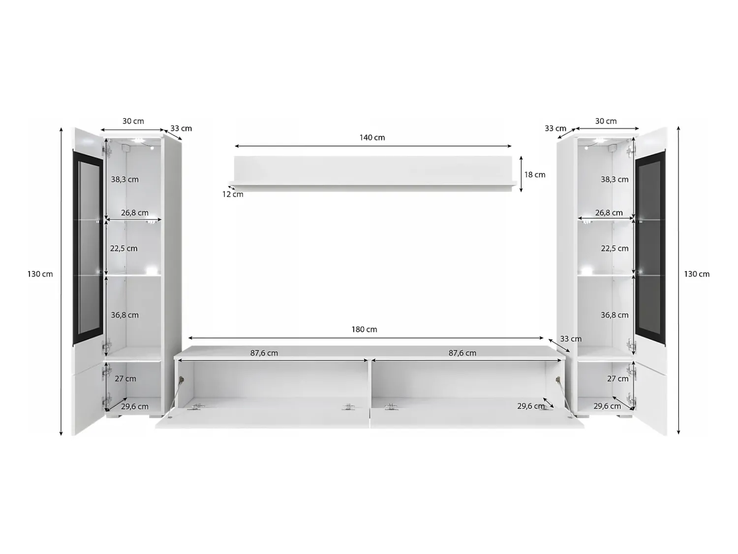 Sale Conjunto moderno de móveis de sala 4 peças, móvel de TV 180 cm, 2 vitrinas e prateleira, corpo betão mate, frentes branco brilho, de pé ou suspenso Cinzento