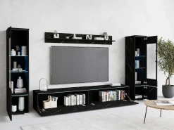 Conjunto moderno de móveis de sala 4 peças – móvel de TV 180 cm, 2 vitrinas e prateleira – estante de parede SAN SEBASTIAN mate, de pé ou suspensa^ Móvel De Tv