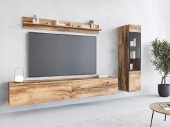 Móvel De Tv* Conjunto moderno de móveis de sala 3 peças – móvel de TV 180 cm, vitrina e prateleira, carvalho Wotan mate, de pé ou suspenso Natural escuro