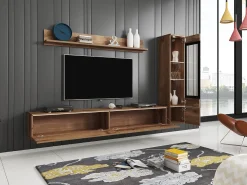 Móvel De Tv* Conjunto moderno de móveis de sala 3 peças – móvel de TV 180 cm, vitrina e prateleira, carvalho Wotan mate, de pé ou suspenso Natural escuro
