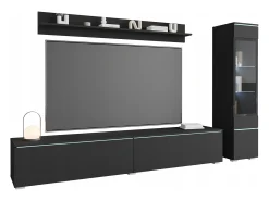 Móvel De Tv* Conjunto moderno de móveis de sala 3 peças – móvel de TV 180 cm, vitrina e prateleira, grafite mate, de pé ou suspenso Preto