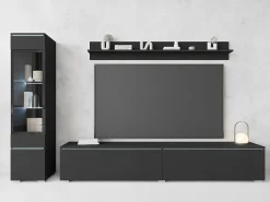 Móvel De Tv* Conjunto moderno de móveis de sala 3 peças – móvel de TV 180 cm, vitrina e prateleira, grafite mate, de pé ou suspenso Preto