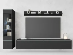 Móvel De Tv* Conjunto moderno de móveis de sala 3 peças – móvel de TV 180 cm, vitrina e prateleira, grafite mate, de pé ou suspenso Preto