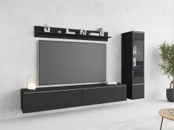 Móvel De Tv* Conjunto moderno de móveis de sala 3 peças – móvel de TV 180 cm, vitrina e prateleira, grafite mate, de pé ou suspenso Preto