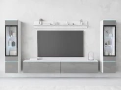 Móvel De Tv* Conjunto moderno de móveis de sala 4 peças, móvel de TV 180 cm, 2 vitrinas e prateleira, corpo branco mate, frentes cinza brilho, de pé ou suspenso Multicor