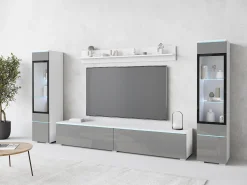 Móvel De Tv* Conjunto moderno de móveis de sala 4 peças, móvel de TV 180 cm, 2 vitrinas e prateleira, corpo branco mate, frentes cinza brilho, de pé ou suspenso Multicor
