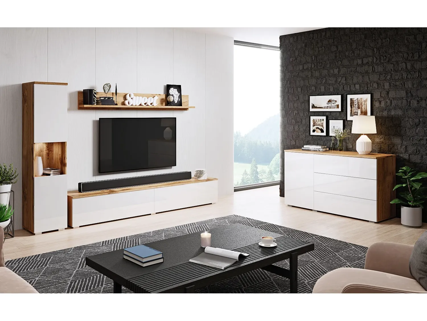 Conjunto moderno de sala 3 peças, corpo wotan, frentes branco brilho, coluna e móvel de TV 180 cm^ Móvel De Tv