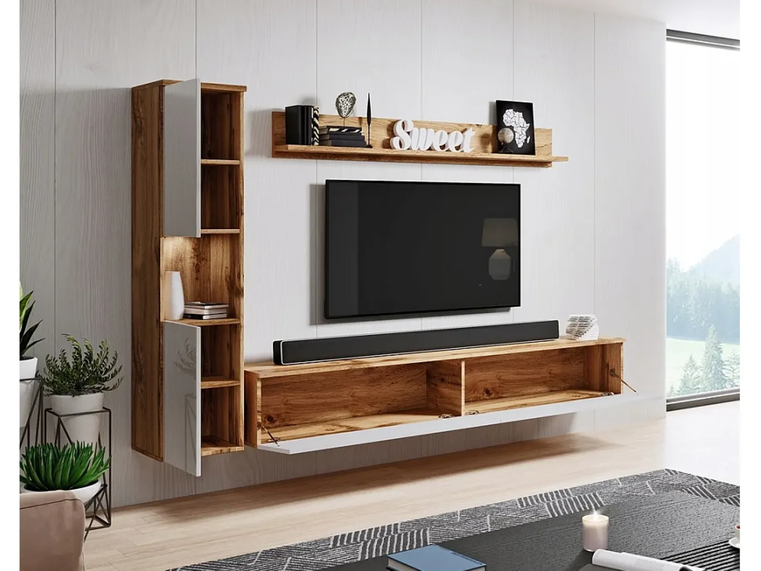 Conjunto moderno de sala 3 peças, corpo wotan, frentes branco brilho, coluna e móvel de TV 180 cm^ Móvel De Tv