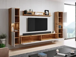 New Conjunto moderno de sala 4 peças, corpo wotan, frentes branco brilho, 2 colunas e móvel de TV 180 cm Natural escuro / Branco